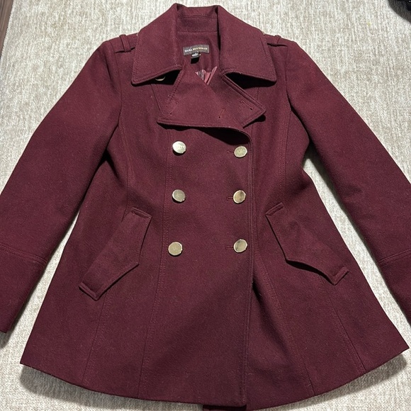 Wool pea coat women's Small Dana Bachman burgundy gold buttons - Picture 1 of 8
